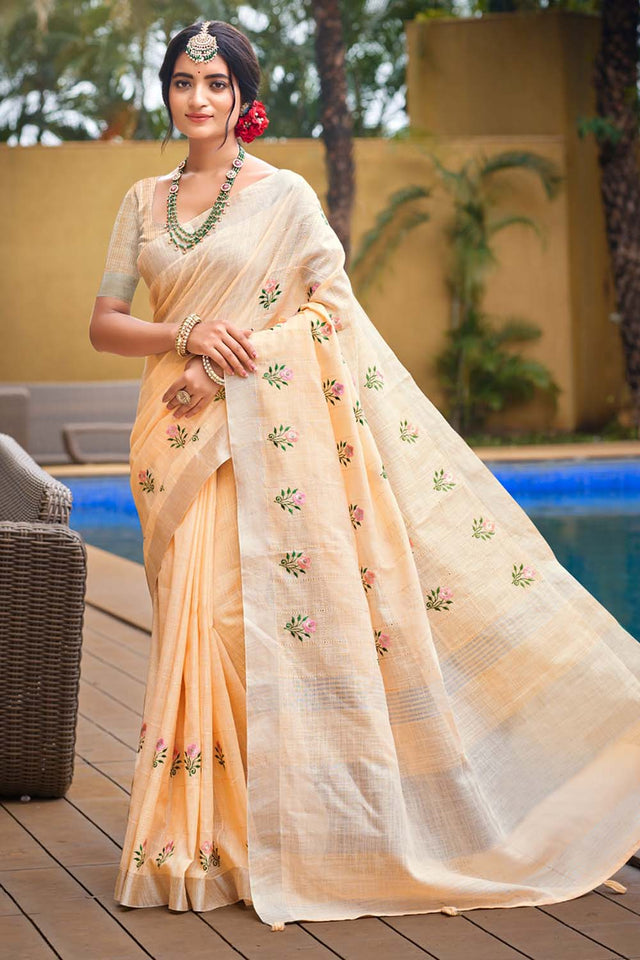 Cream Woven Linen Saree