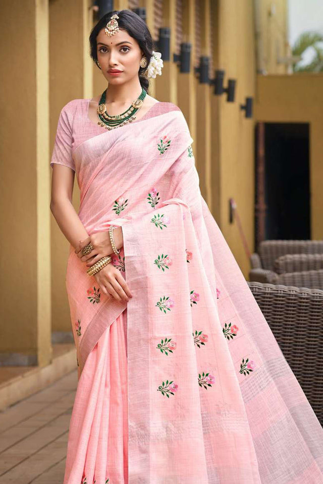 Light Pink Woven Linen Saree