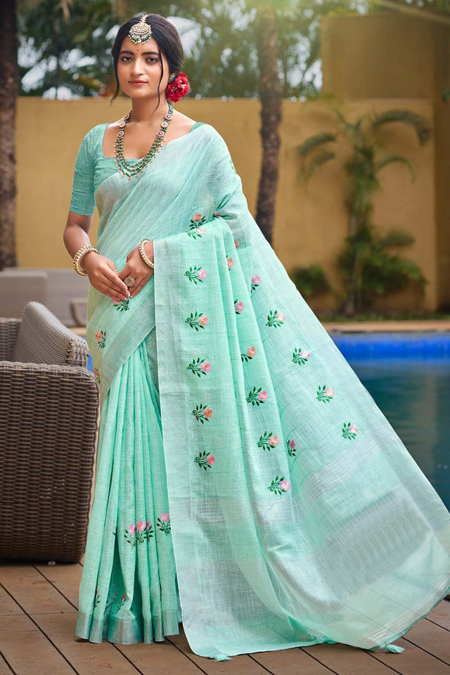 Blue Woven Linen Saree