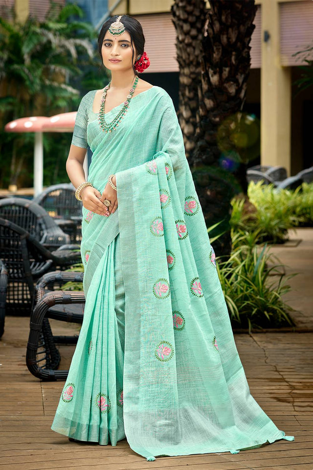 Light Blue Embroidered Linen Saree
