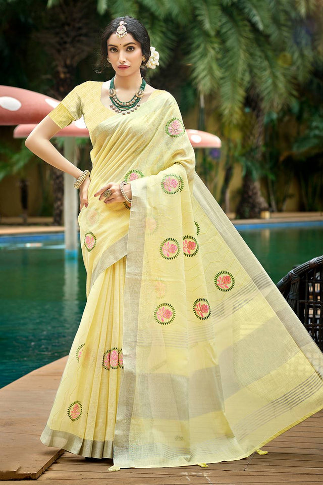 Yellow Embroidered Linen Saree
