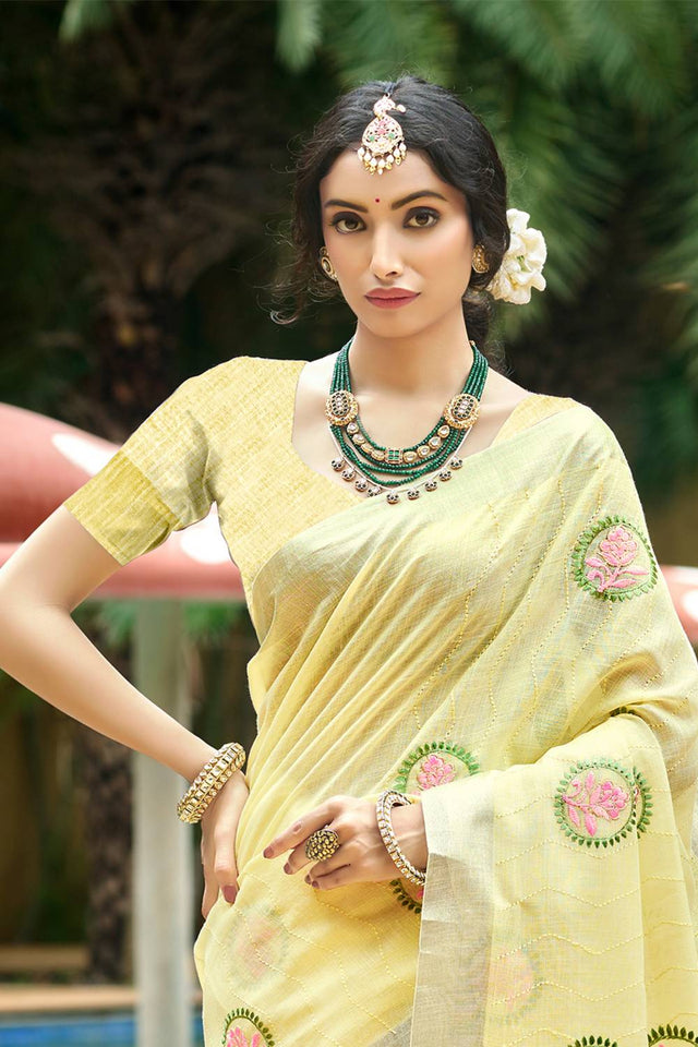 Yellow Embroidered Linen Saree