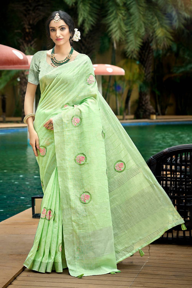 Green Embroidered Linen Saree