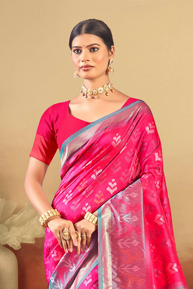 Pink Woven Silk Saree