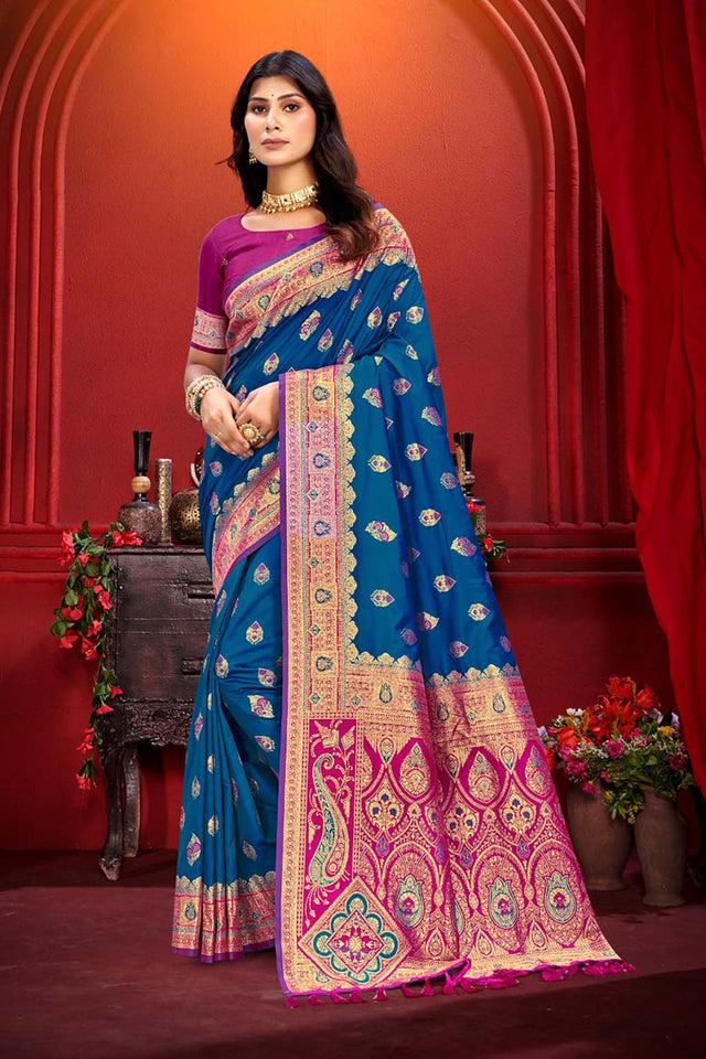 Blue Woven Silk Saree