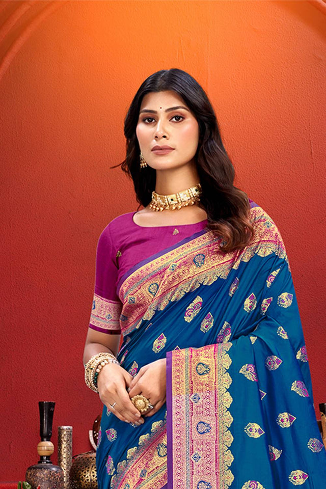 Blue Woven Silk Saree