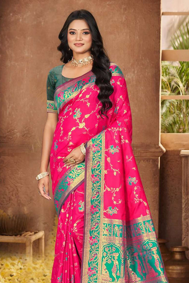 Dark Pink Woven Silk Saree