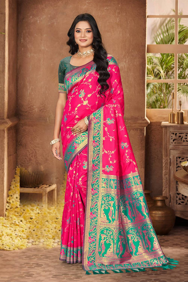 Pink Woven Silk Saree