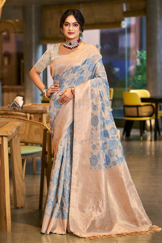 Blue Woven Cotton Saree