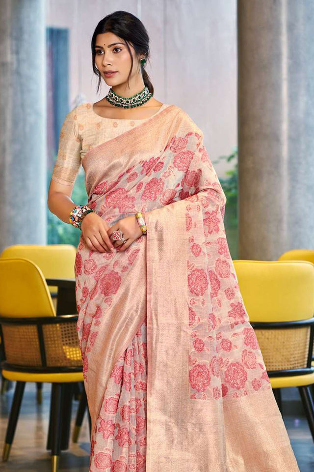 Pink Woven Cotton Saree