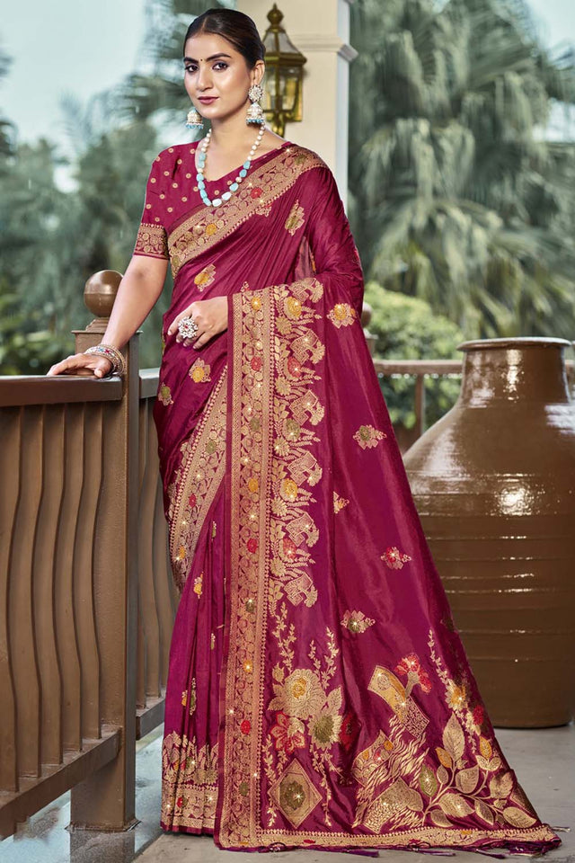 Wine Woven Silk Saree