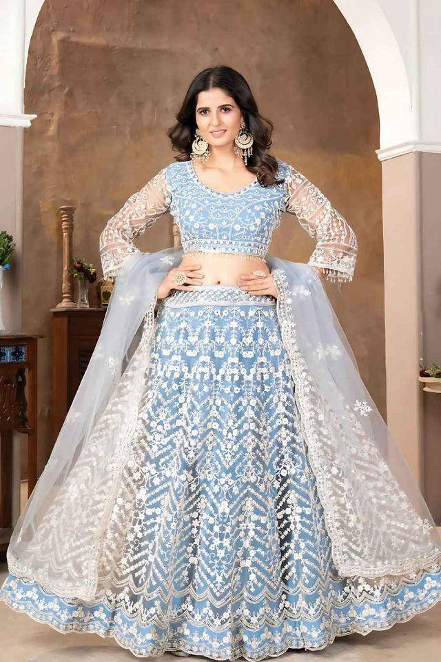 Sky Blue Sequins with Embroidered Net Lehenga