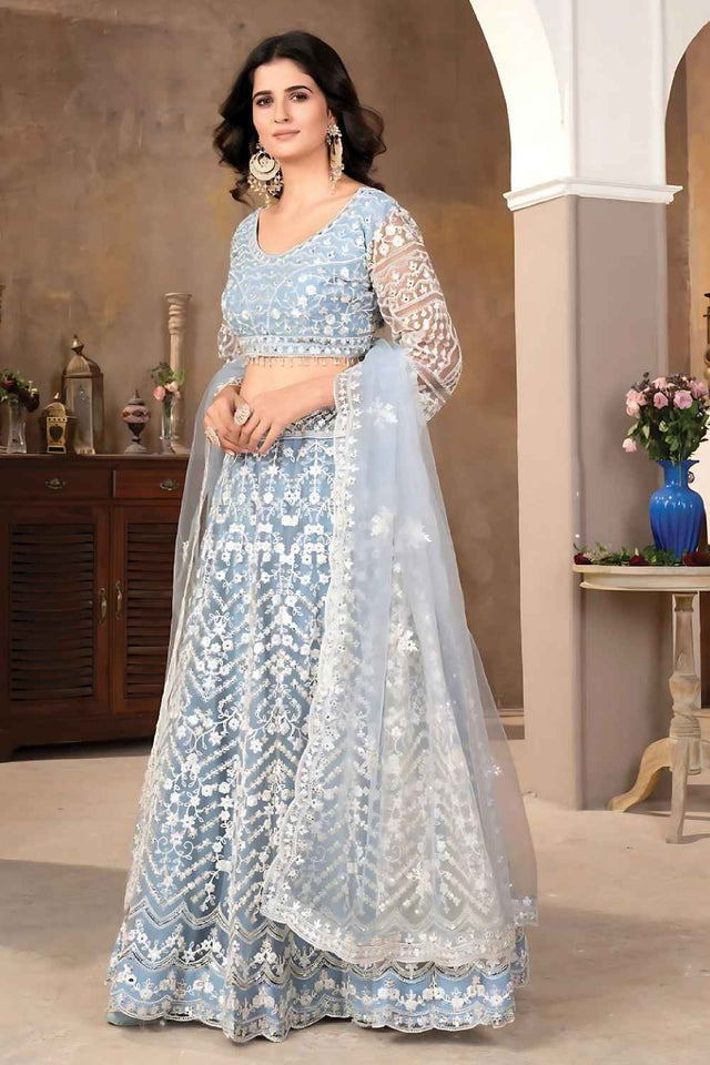 Sky Blue Sequins with Embroidered Net Lehenga