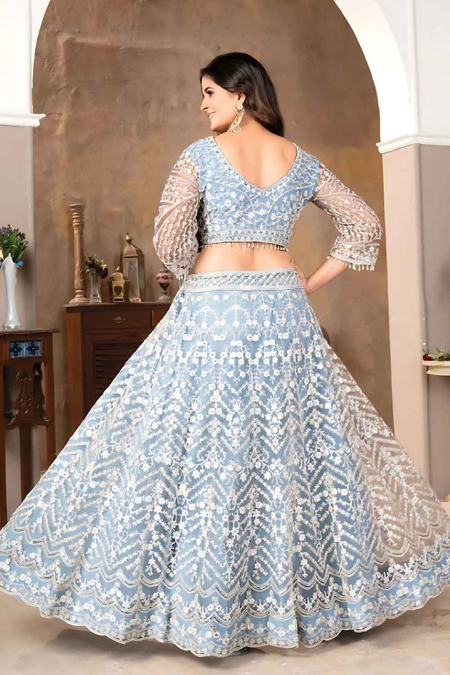 Sky Blue Sequins with Embroidered Net Lehenga