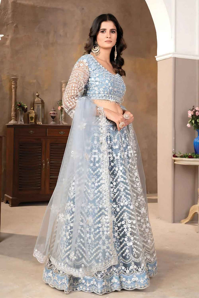 Sky Blue Sequins with Embroidered Net Lehenga