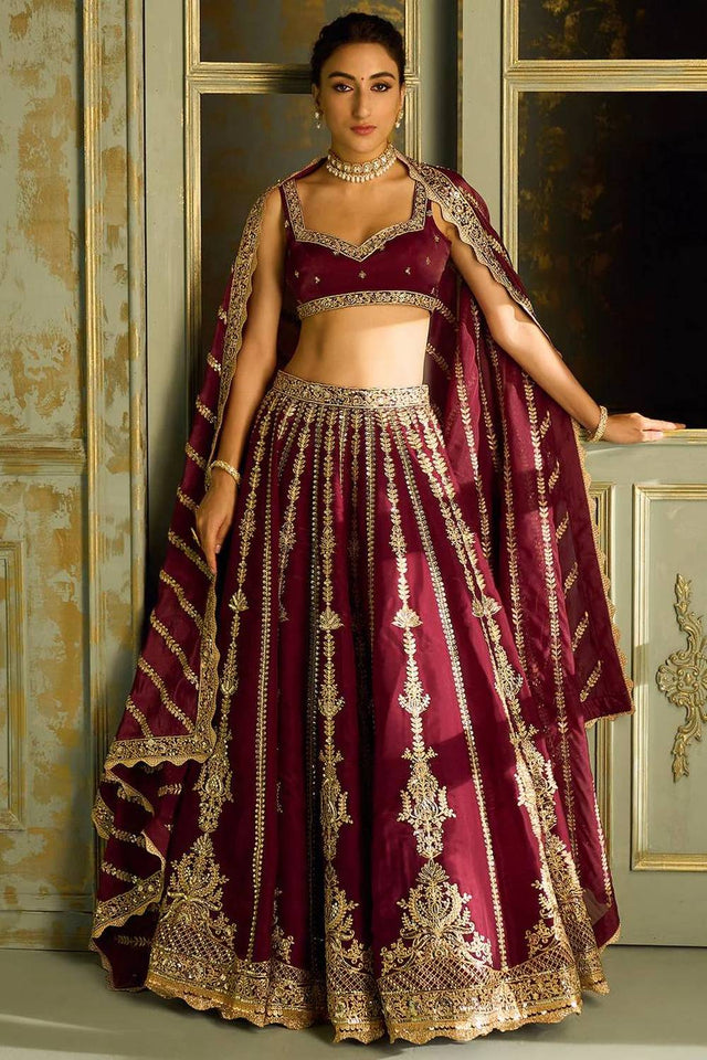 Maroon Floral Embroidered Art Silk Lehenga