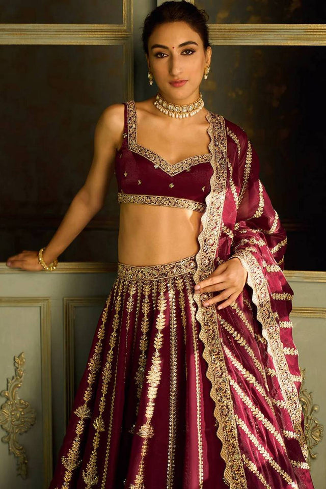 Maroon Floral Embroidered Art Silk Lehenga
