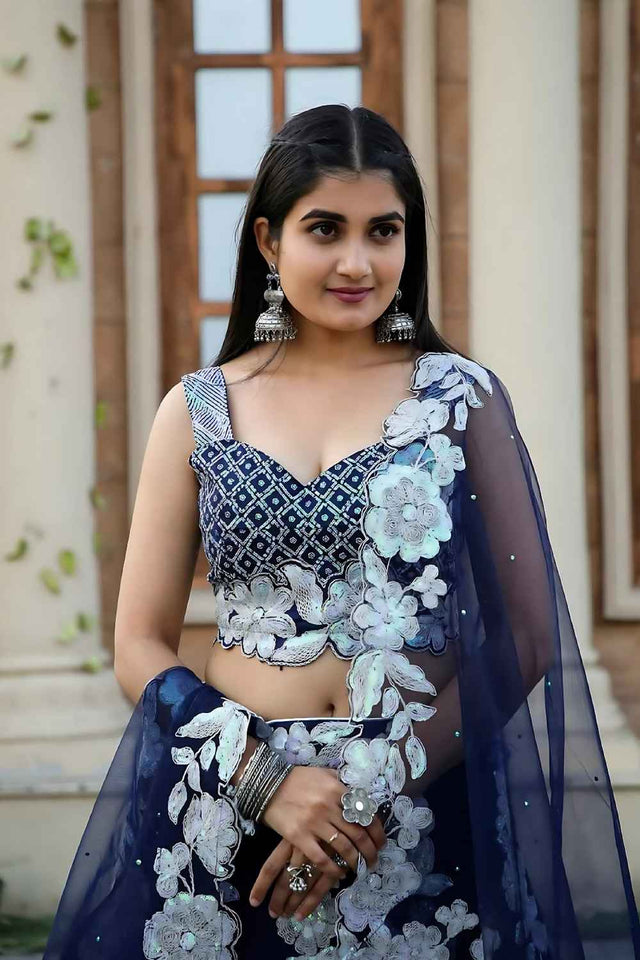 Navy Blue Thread Work Silk Lehenga