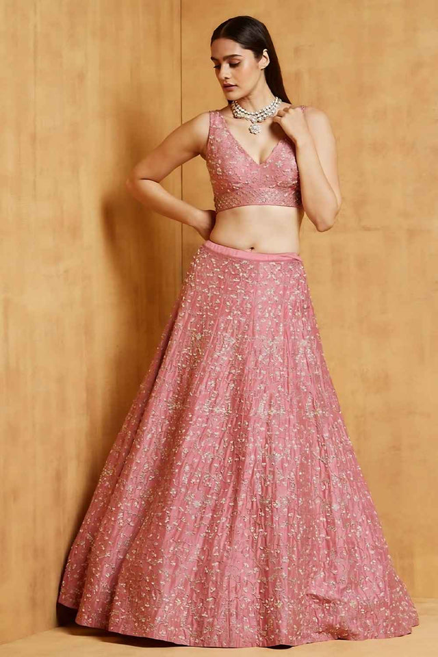 Light Pink Embroidered Satin Lehenga