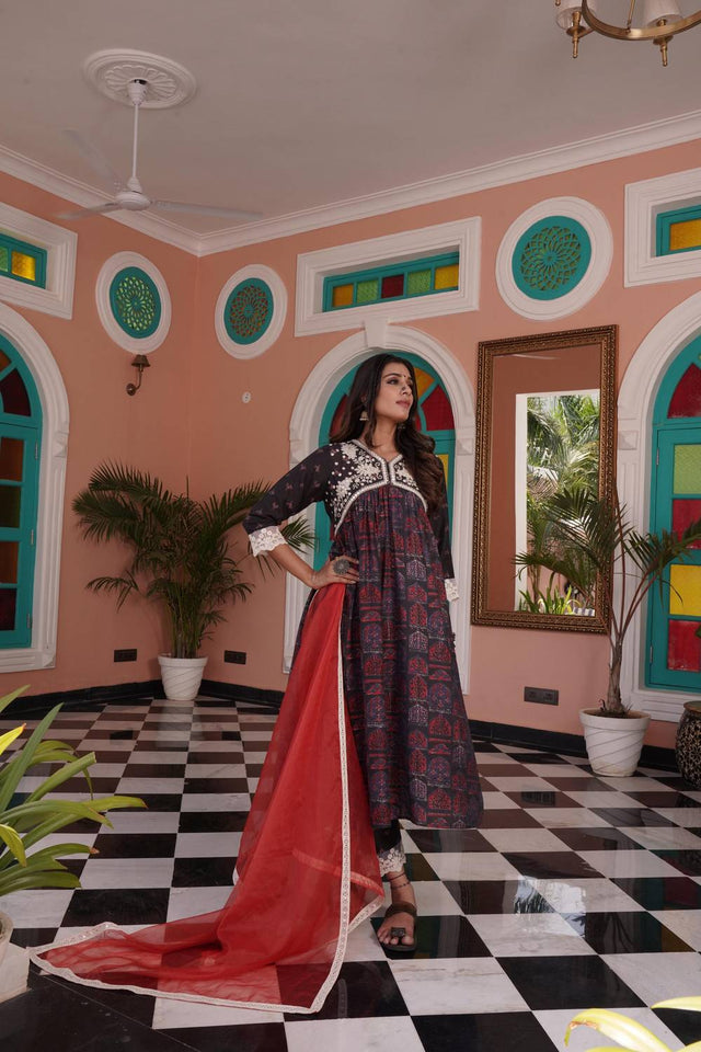 Red Ajrakh Printed Cotton Kurti Pant Set