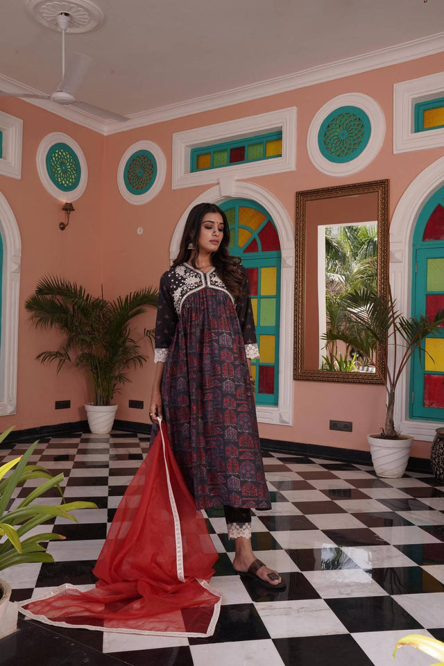 Red Ajrakh Printed Cotton Kurti Pant Set