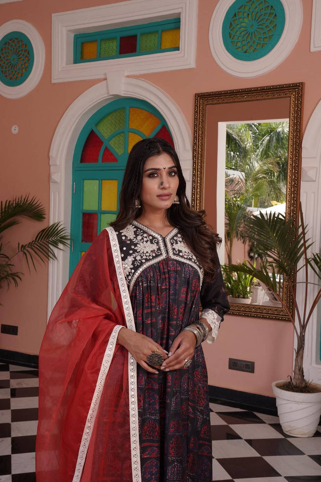 Red Ajrakh Printed Cotton Kurti Pant Set