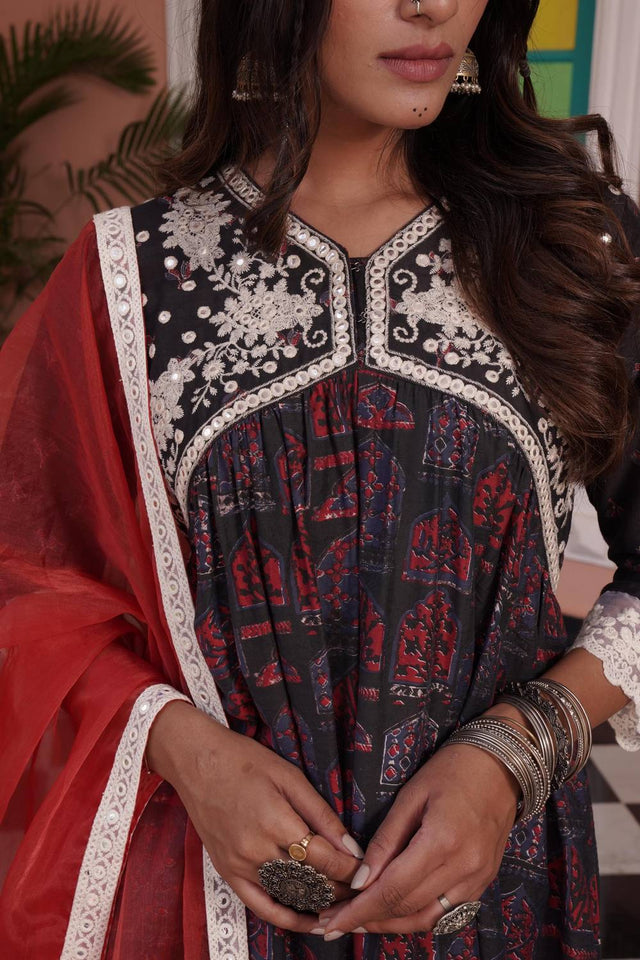 Red Ajrakh Printed Cotton Kurti Pant Set