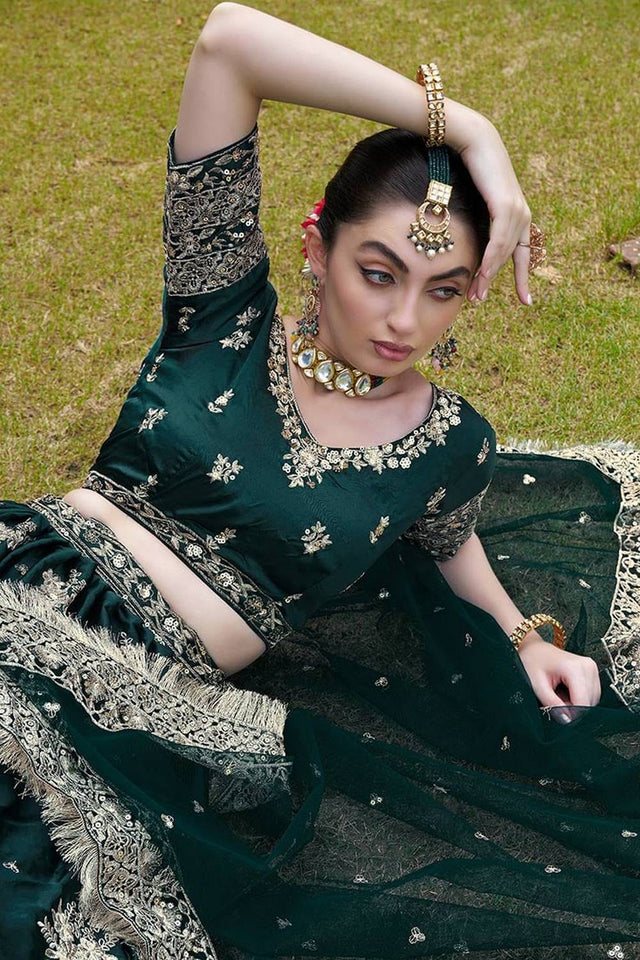 Green Floral Embroidered Satin Lehenga (CB-green)