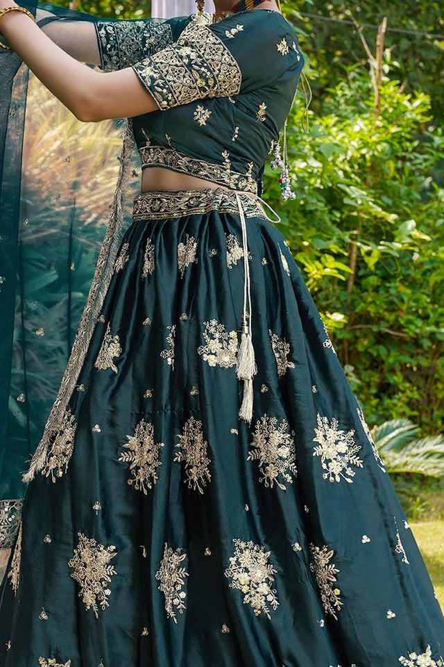 Green Floral Embroidered Satin Lehenga (CB-green)