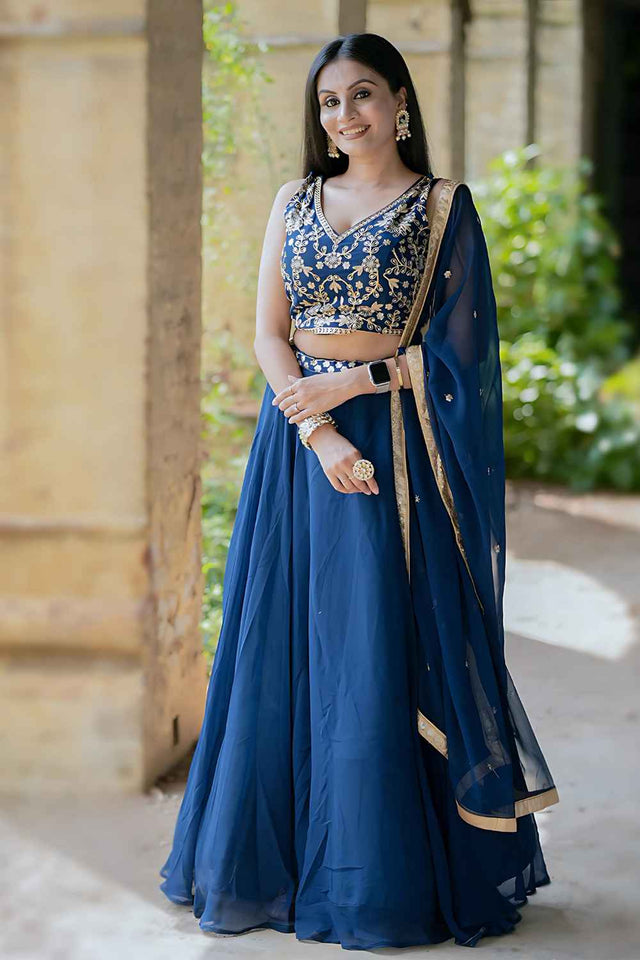 Blue Embroidered Georgette Lehenga