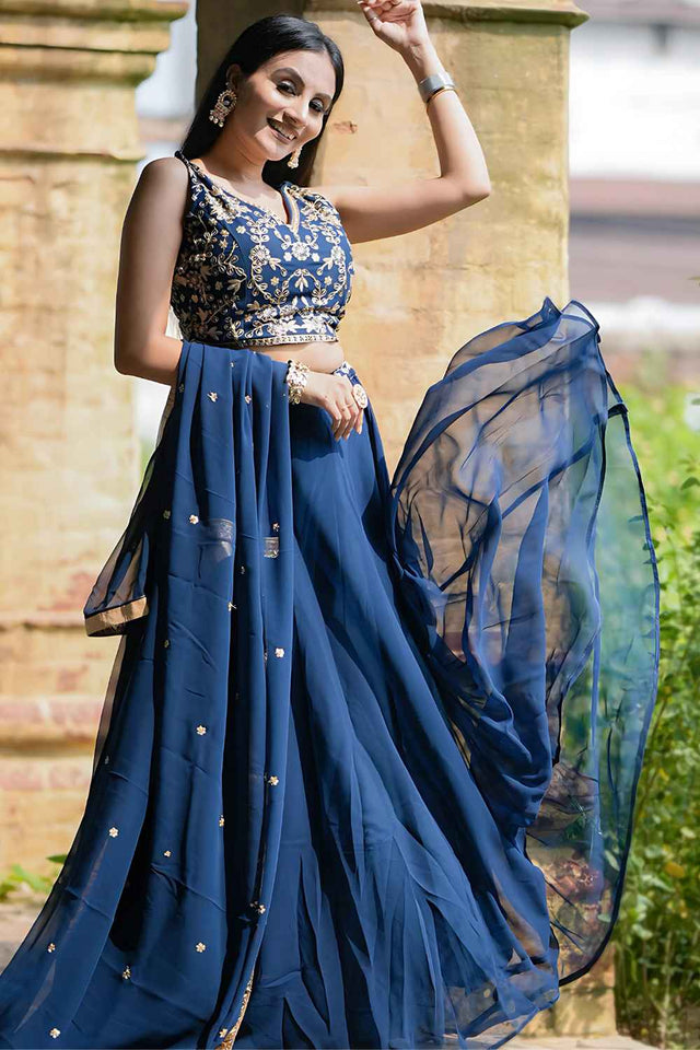 Blue Embroidered Georgette Lehenga