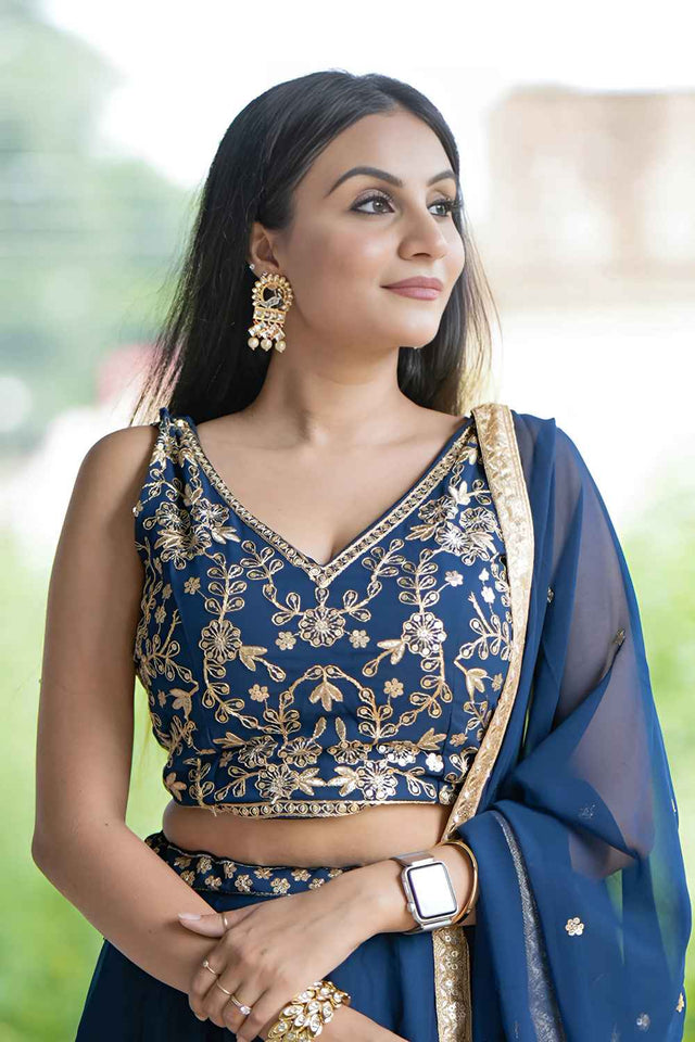 Blue Embroidered Georgette Lehenga