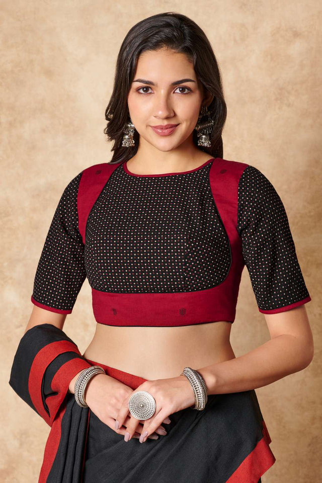 Black Polka Dot Cotton Round Neck Blouse