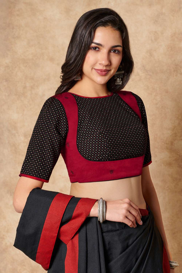 Black Polka Dot Cotton Round Neck Blouse