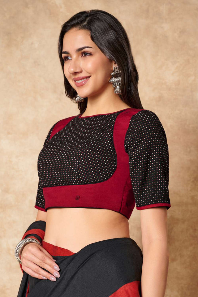 Black Polka Dot Cotton Round Neck Blouse