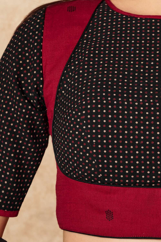 Black Polka Dot Cotton Round Neck Blouse