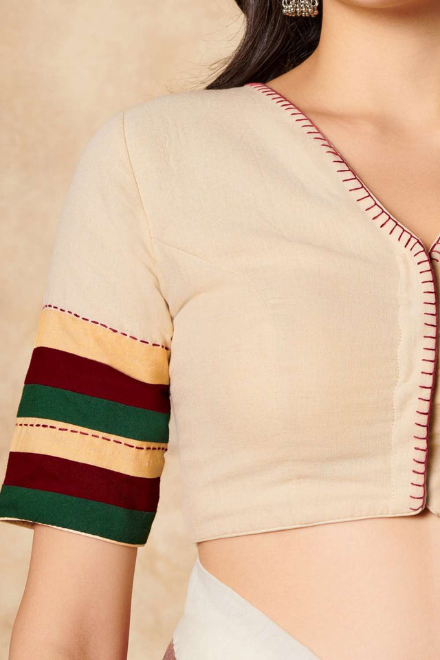 Cream Solid Cotton V Neck Blouse