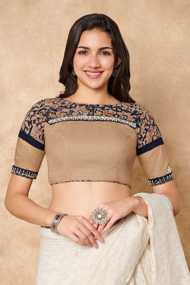 Beige Kalamkari Printed Cotton Boat Neck Blouse