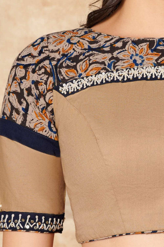 Beige Kalamkari Printed Cotton Boat Neck Blouse