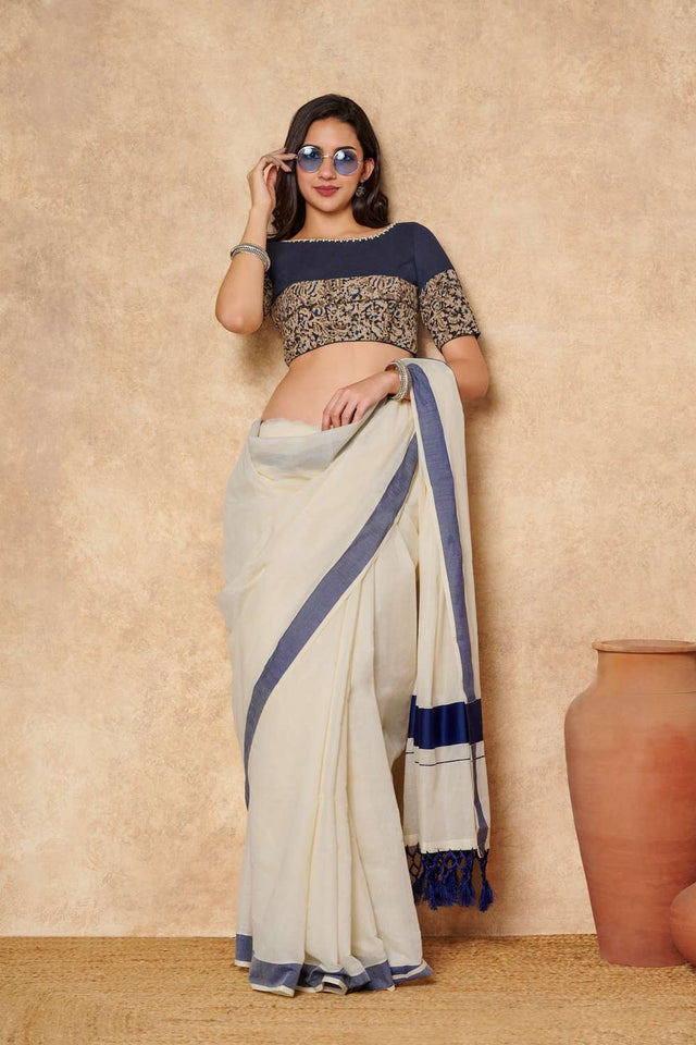 Navy Blue Kalamkari Printed Cotton Boat Neck Blouse