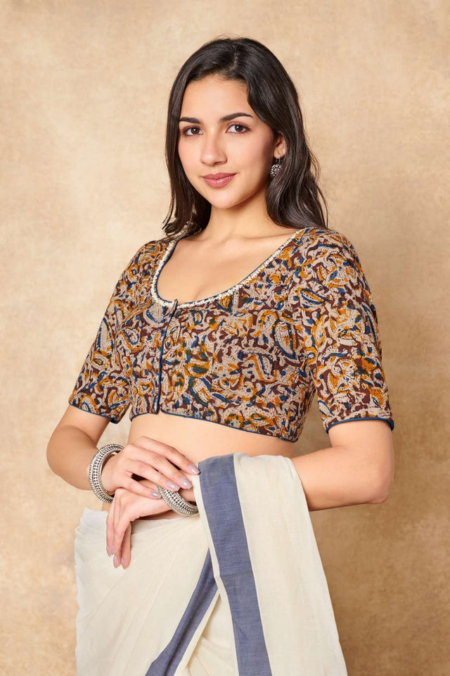 Multicolor Kalamkari Printed Cotton Round Neck Blouse