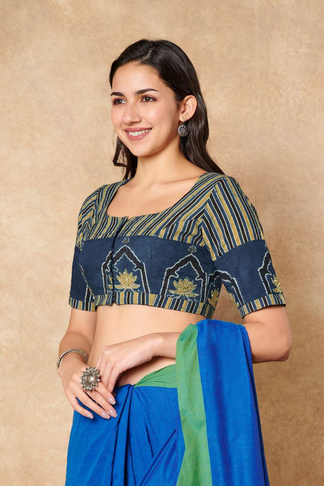 Blue Ajrakh Printed Cotton Round Neck Blouse
