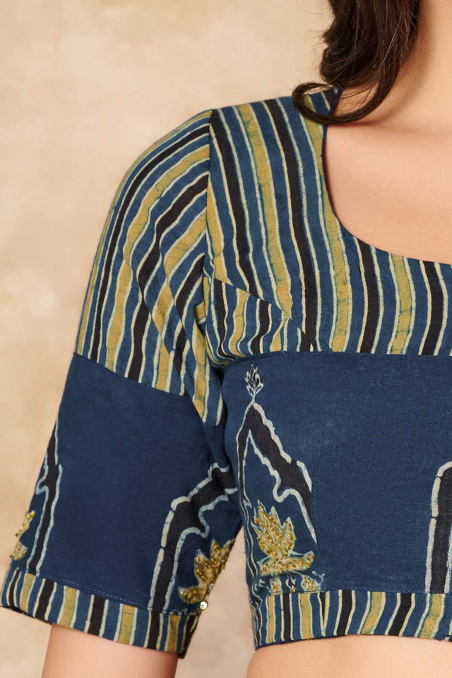 Blue Ajrakh Printed Cotton Round Neck Blouse