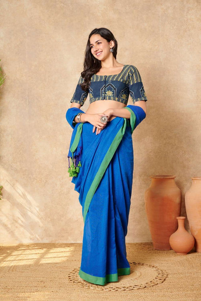 Blue Ajrakh Printed Cotton Round Neck Blouse
