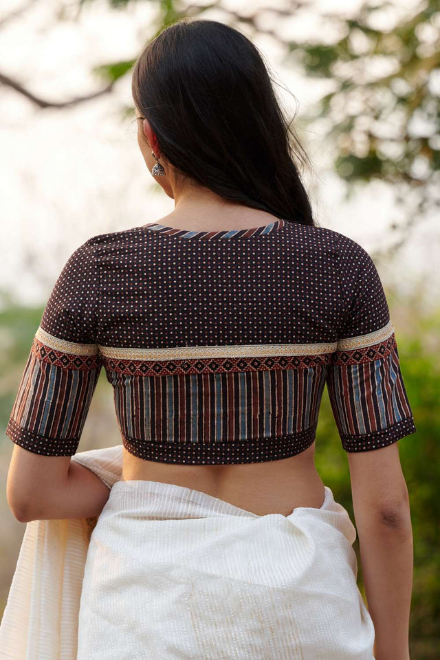 Black Ajrakh Printed Cotton Round Neck Blouse