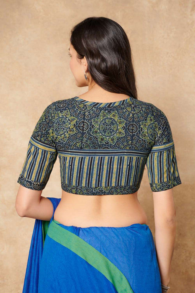 Green Ajrakh Printed Cotton Round Neck Blouse