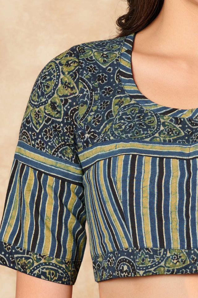 Green Ajrakh Printed Cotton Round Neck Blouse