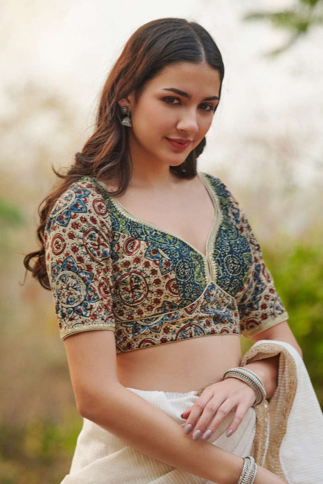 Beige Ajrakh Printed Cotton Sweetheart Neck Blouse
