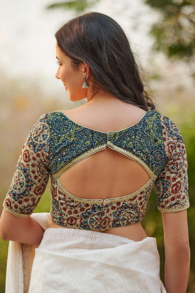 Beige Ajrakh Printed Cotton Sweetheart Neck Blouse