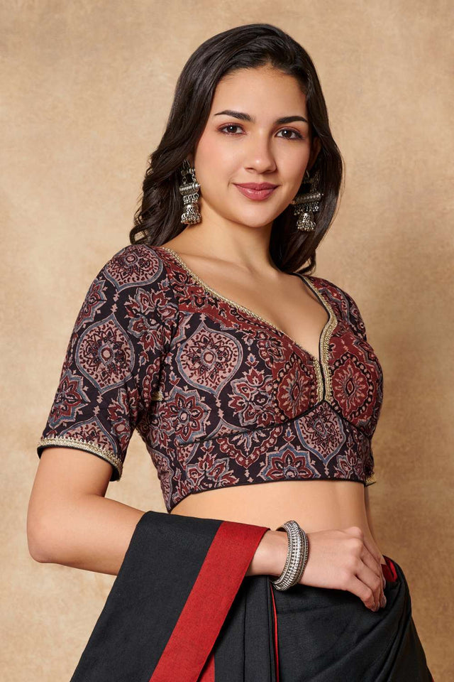 Black Ajrakh Printed Cotton Sweetheart Neck Blouse